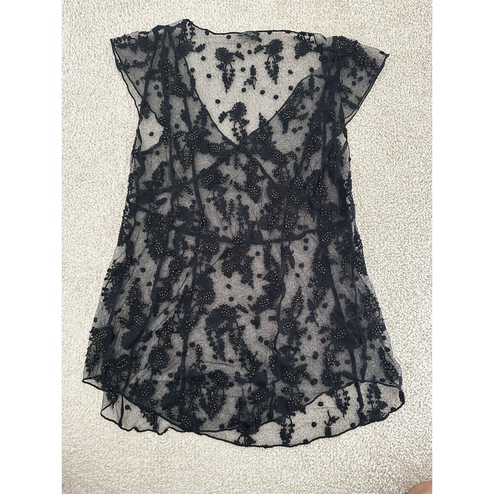 Jessica Simpson Scoop Neck Lace T-Shirt Womens Size Large Black Cream Cap Sleeve